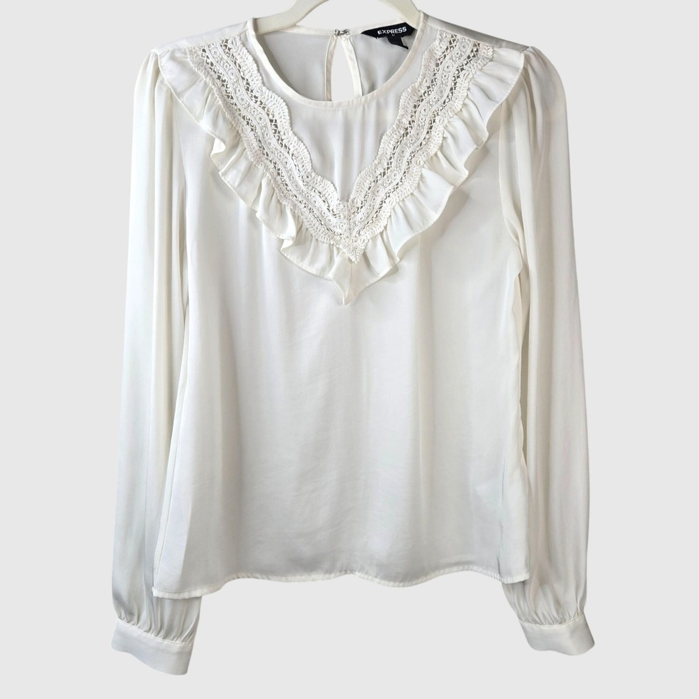 Ruffle Lace Long Sleeve Blouse XS White Long Sleeve‎ Top Preppy Regal Victorian